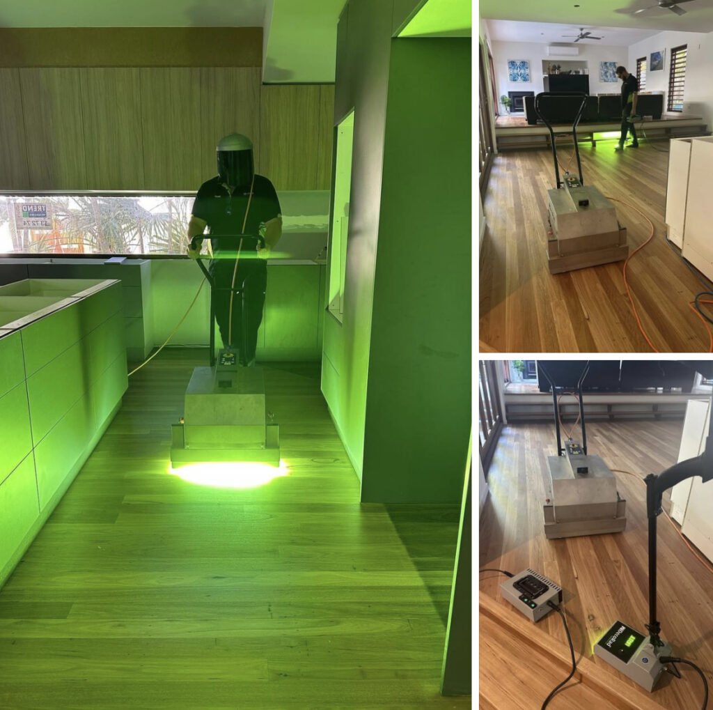 Timber floors being cured using UV lights